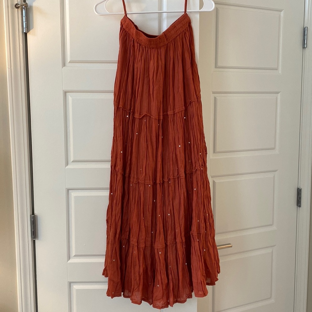 Burnt Orange Boho Maxi Skirt Size Small with Gem Sparkles on Front